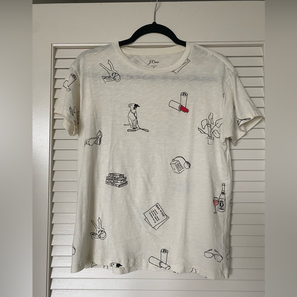 J.Crew Cream T-Shirt with Black and Red Illustrations